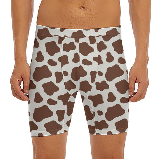 Brown And White Cow Print Men's Long Boxer Briefs