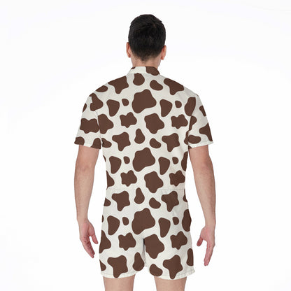 Brown And White Cow Print Men's Rompers