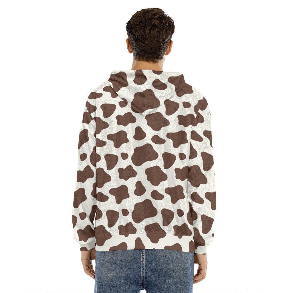 Brown And White Cow Print Men's Velvet Pullover Hoodie