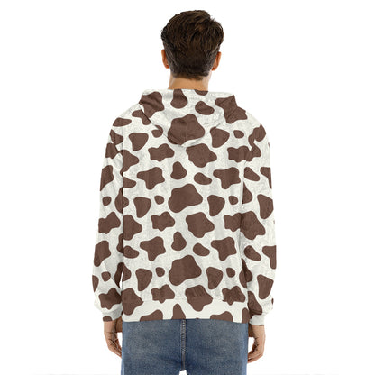 Brown And White Cow Print Men's Velvet Pullover Hoodie