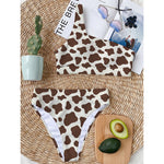 Brown And White Cow Print One Shoulder Bikini Top