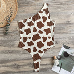 Brown And White Cow Print One Shoulder Bodysuit