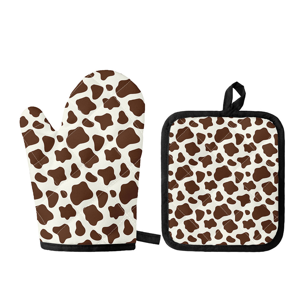 Brown And White Cow Print Oven Mitt And Pot Holder Set