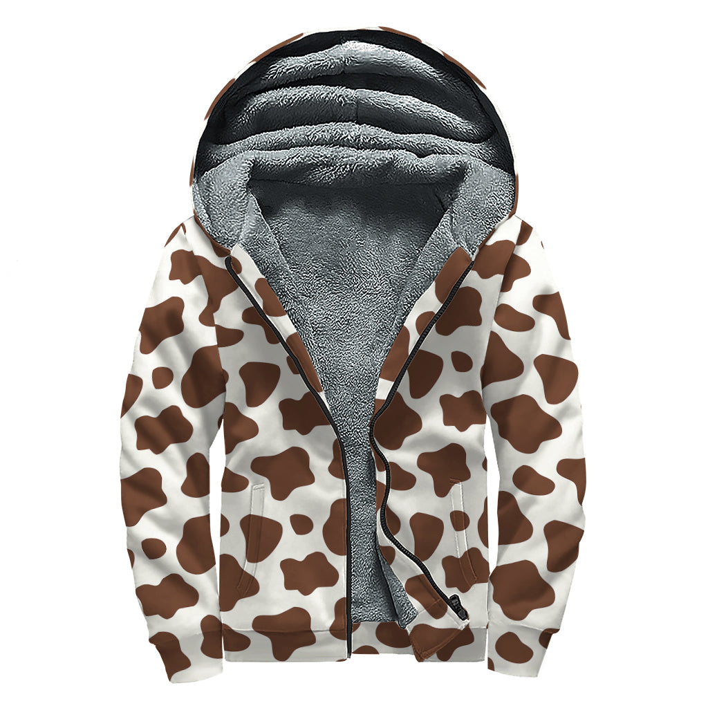 Brown And White Cow Print Sherpa Lined Zip Up Hoodie