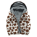 Brown And White Cow Print Sherpa Lined Zip Up Hoodie