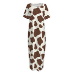 Brown And White Cow Print Short Sleeve Long Nightdress