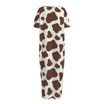 Brown And White Cow Print Short Sleeve Long Nightdress