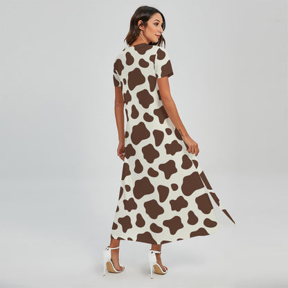 Brown And White Cow Print Short Sleeve Maxi Dress