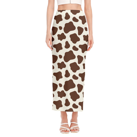 Brown And White Cow Print Side Slit Maxi Skirt