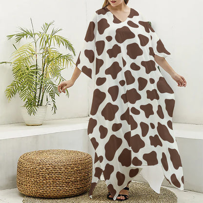Brown And White Cow Print Silk V-Neck Kaftan Dress