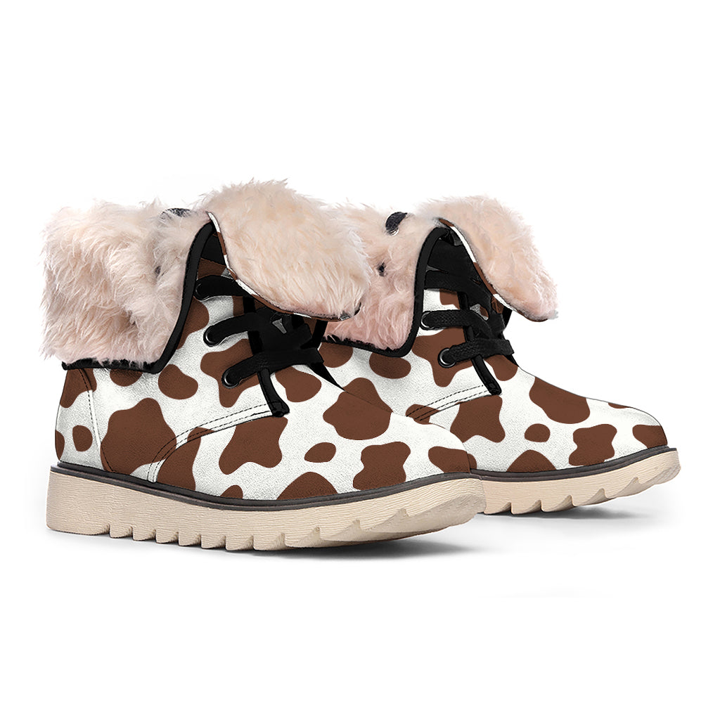 Brown And White Cow Print Winter Boots