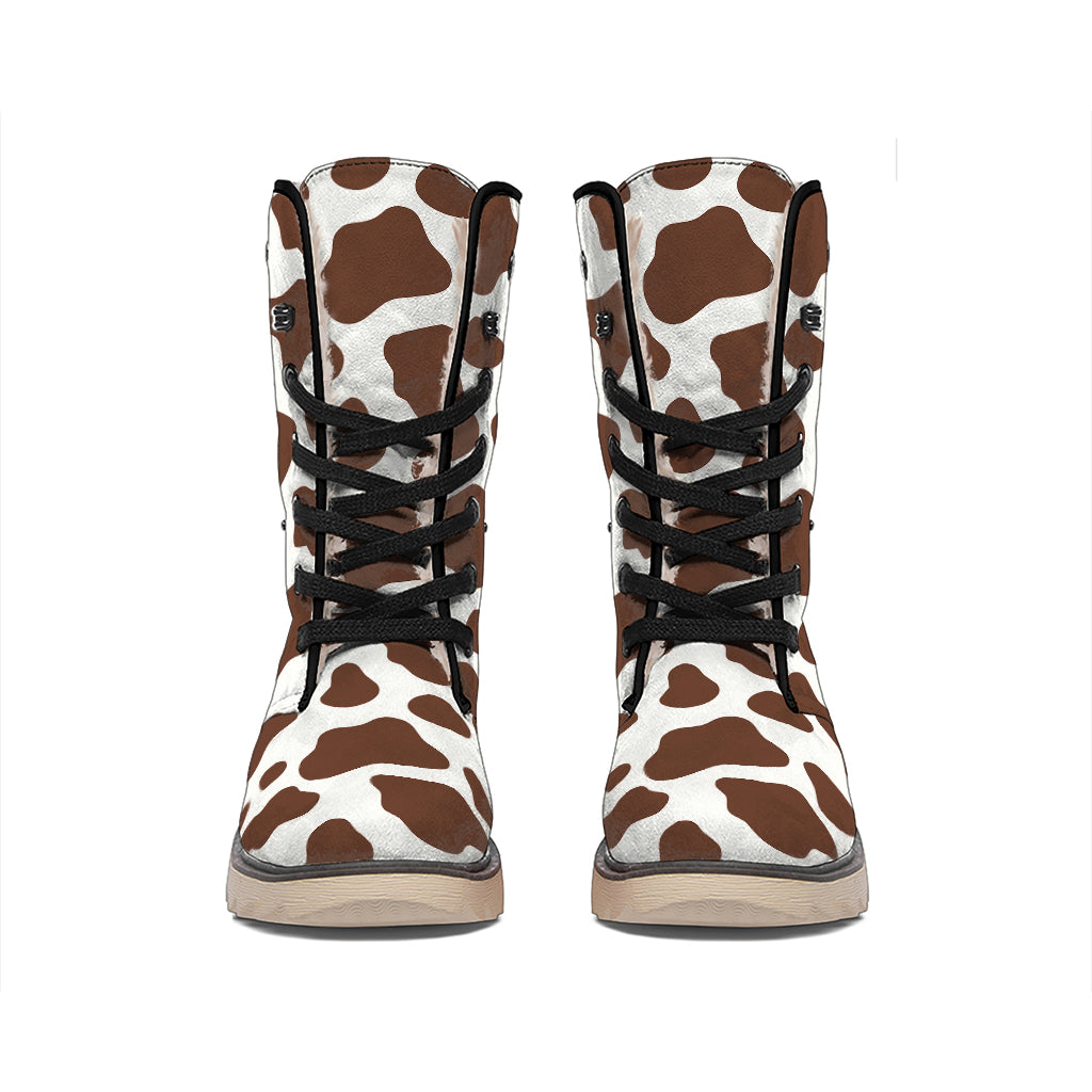 Brown And White Cow Print Winter Boots