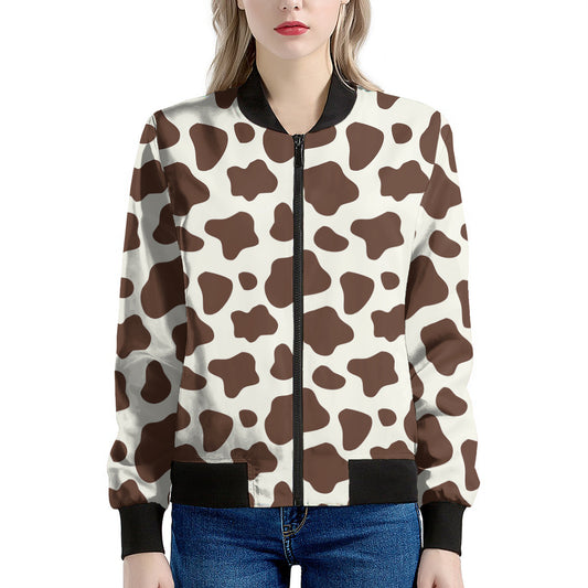 Brown And White Cow Print Women's Bomber Jacket