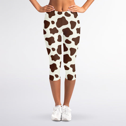 Brown And White Cow Print Women's Capri Leggings