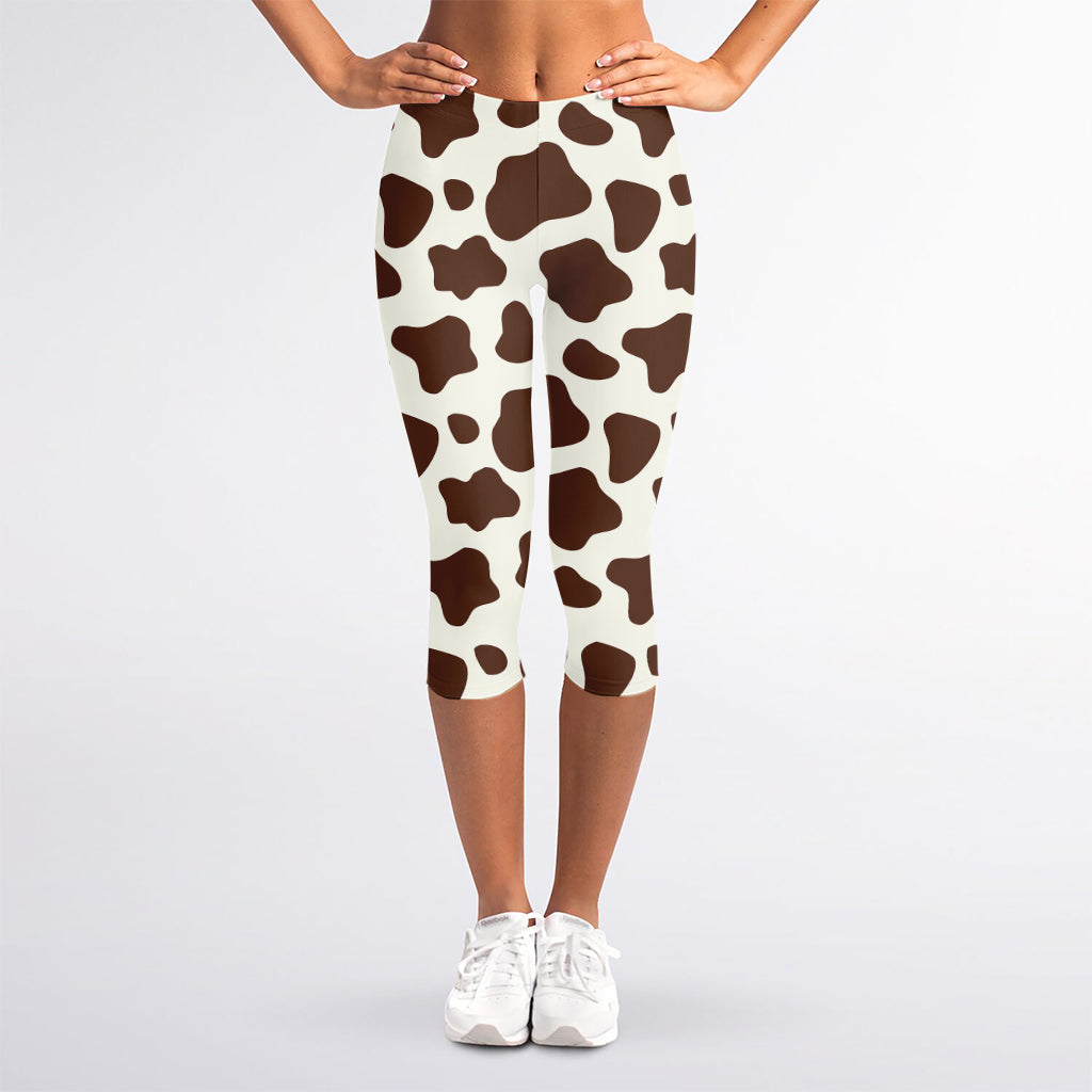 Brown And White Cow Print Women's Capri Leggings
