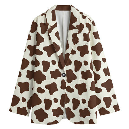 Brown And White Cow Print Women's Cotton Blazer