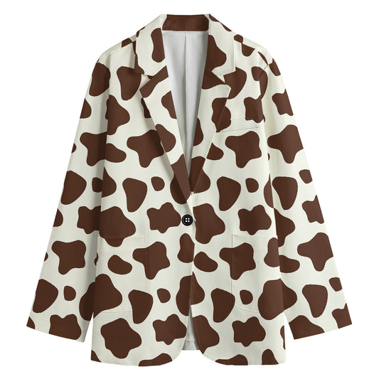 Brown And White Cow Print Women's Cotton Blazer