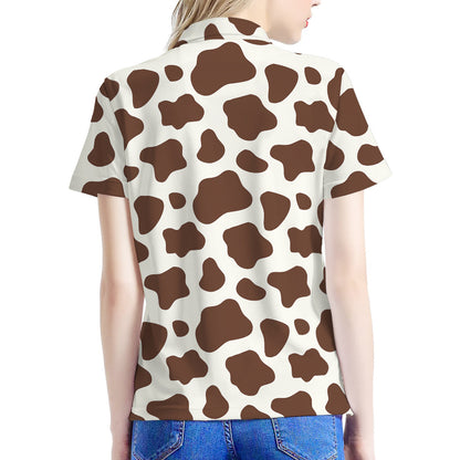Brown And White Cow Print Women's Polo Shirt