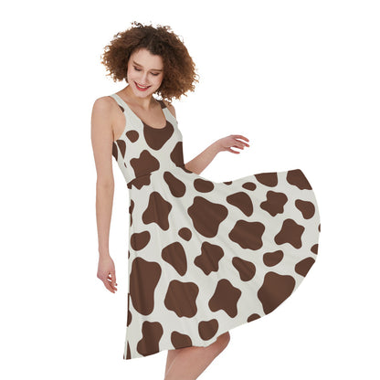 Brown And White Cow Print Women's Sleeveless Dress