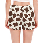 Brown And White Cow Print Women's Split Running Shorts