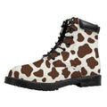 Brown And White Cow Print Padded Collar Lace Up Boots