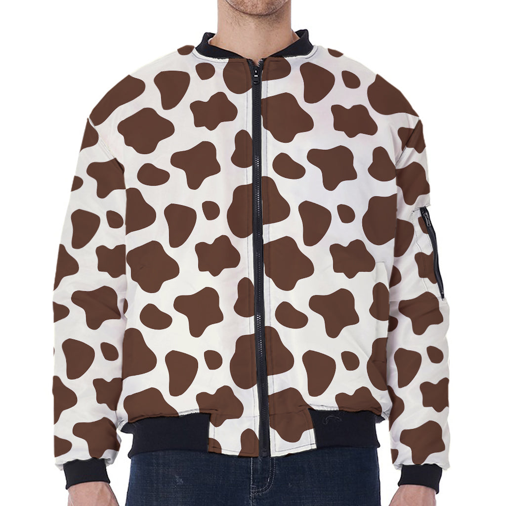 Brown And White Cow Print Zip Sleeve Bomber Jacket