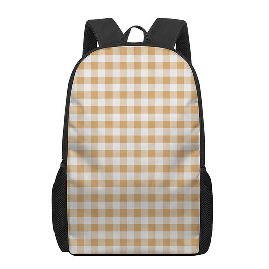 Brown And White Gingham Pattern Print 17 Inch Backpack