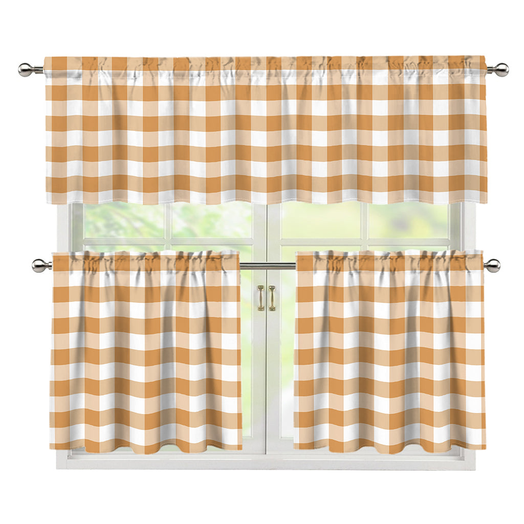 Brown And White Gingham Pattern Print 3 Piece Kitchen Curtains