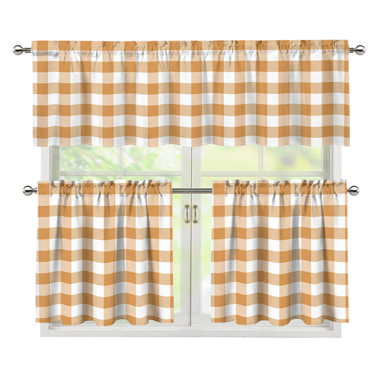 Brown And White Gingham Pattern Print 3 Piece Kitchen Curtains