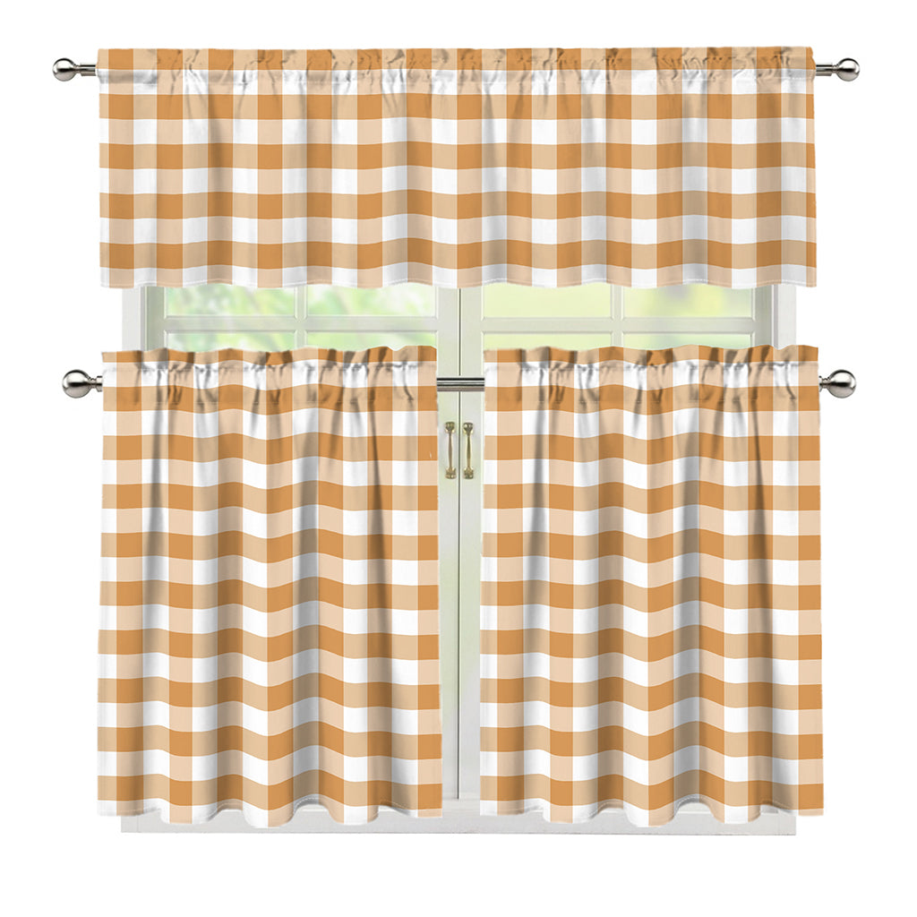 Brown And White Gingham Pattern Print 3 Piece Kitchen Curtains