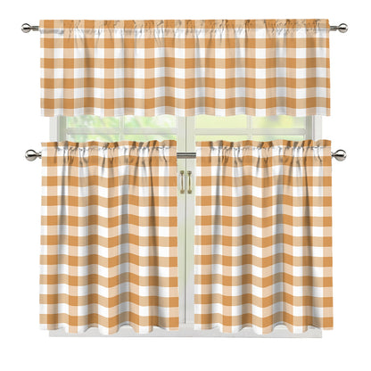 Brown And White Gingham Pattern Print 3 Piece Kitchen Curtains