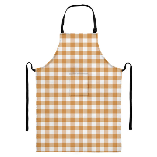 Brown And White Gingham Pattern Print Bib Apron With Pocket