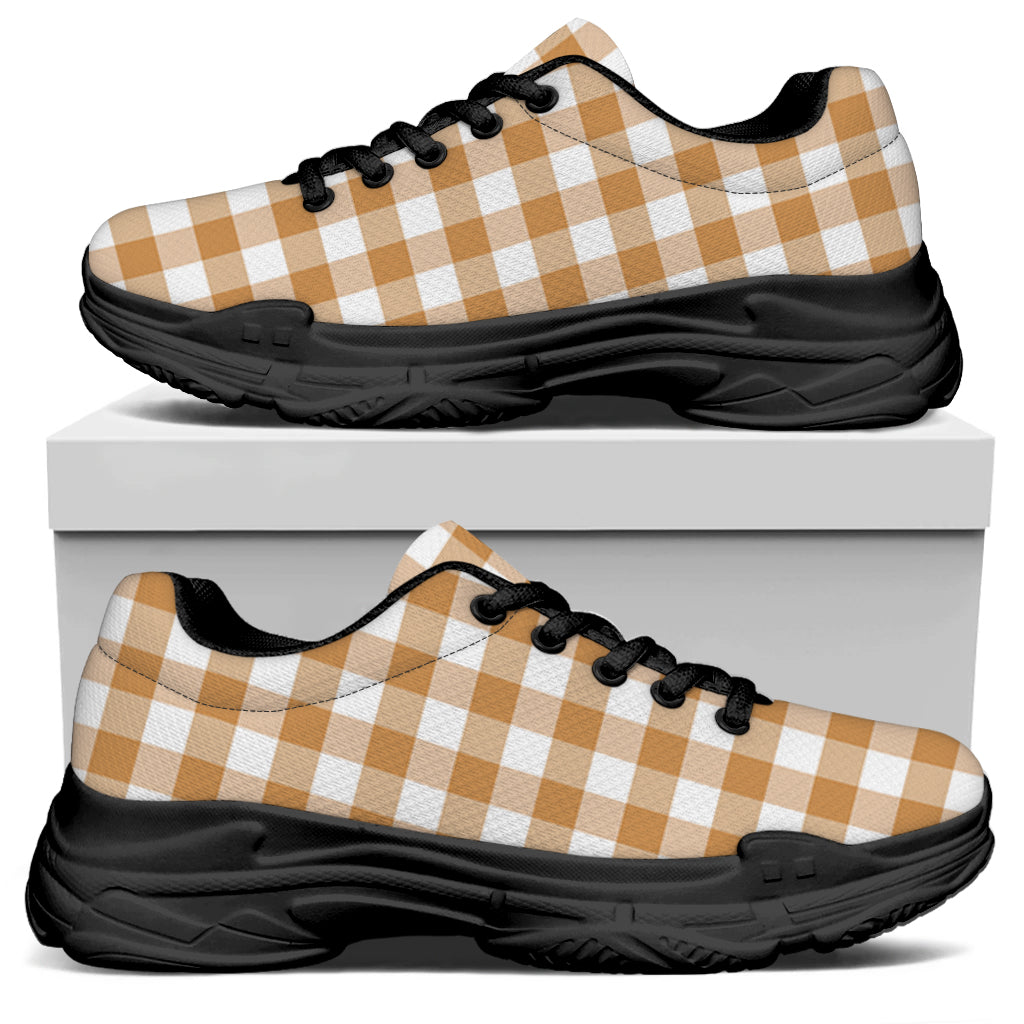 Brown And White Gingham Pattern Print Black Chunky Shoes