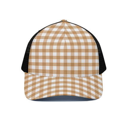 Brown And White Gingham Pattern Print Black Mesh Trucker Cap