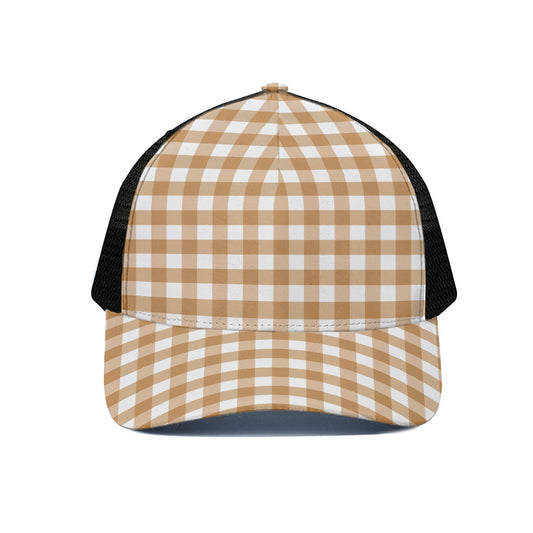 Brown And White Gingham Pattern Print Black Mesh Trucker Cap