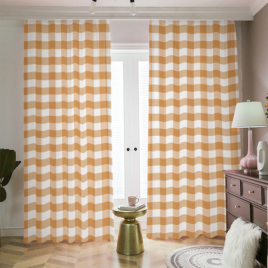 Brown And White Gingham Pattern Print Blackout Pencil Pleat Curtains
