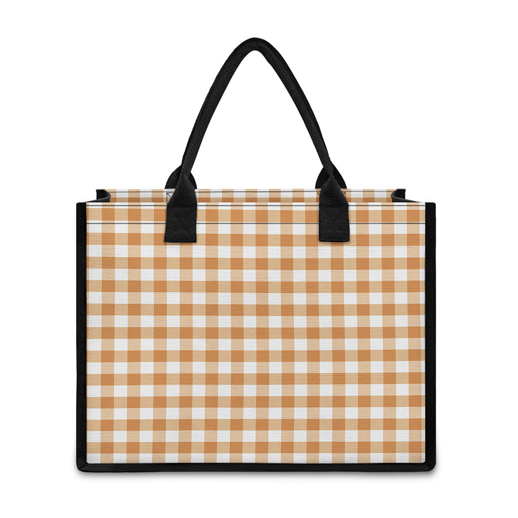 Brown And White Gingham Pattern Print Canvas Tote Bag