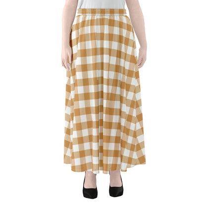 Brown And White Gingham Pattern Print Chiffon Maxi Skirt
