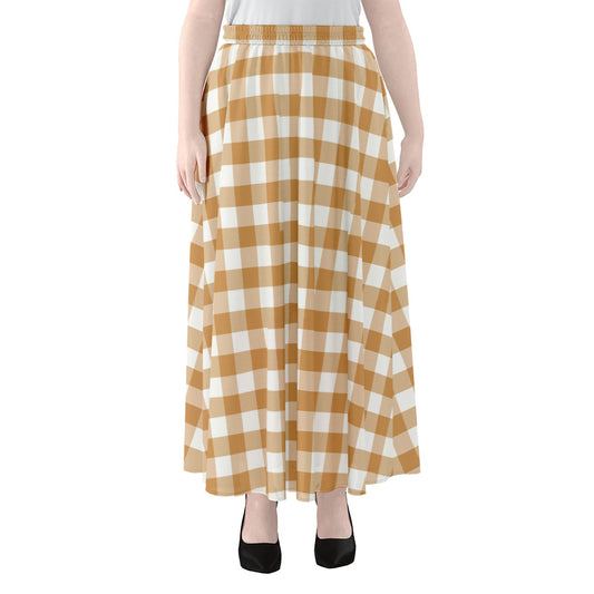 Brown And White Gingham Pattern Print Chiffon Maxi Skirt
