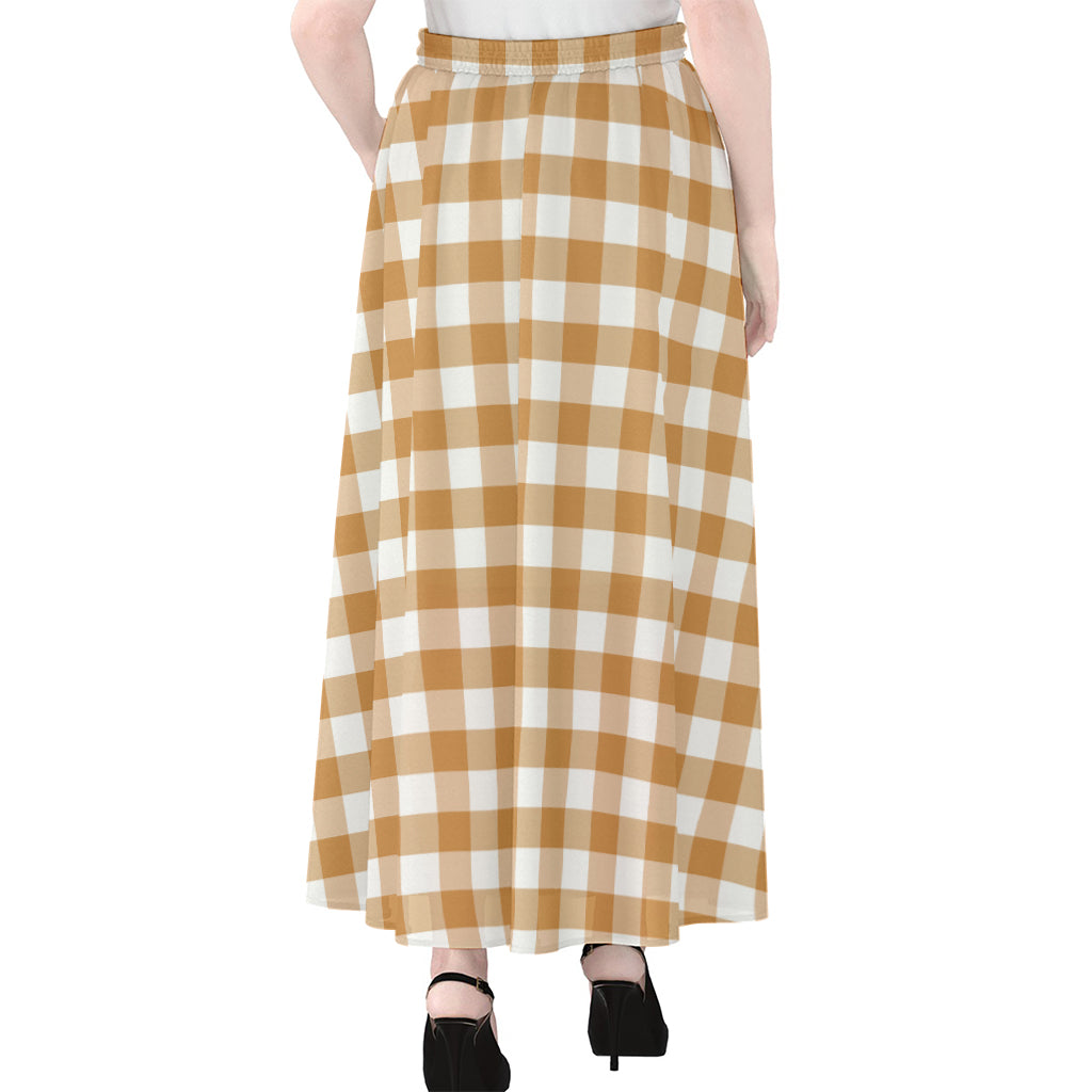 Brown And White Gingham Pattern Print Chiffon Maxi Skirt