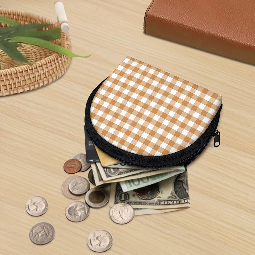 Brown And White Gingham Pattern Print Coin Purse
