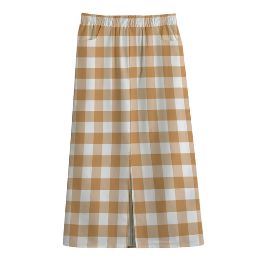 Brown And White Gingham Pattern Print Cotton Front Slit Maxi Skirt