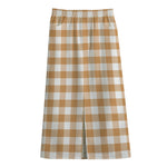 Brown And White Gingham Pattern Print Cotton Front Slit Maxi Skirt