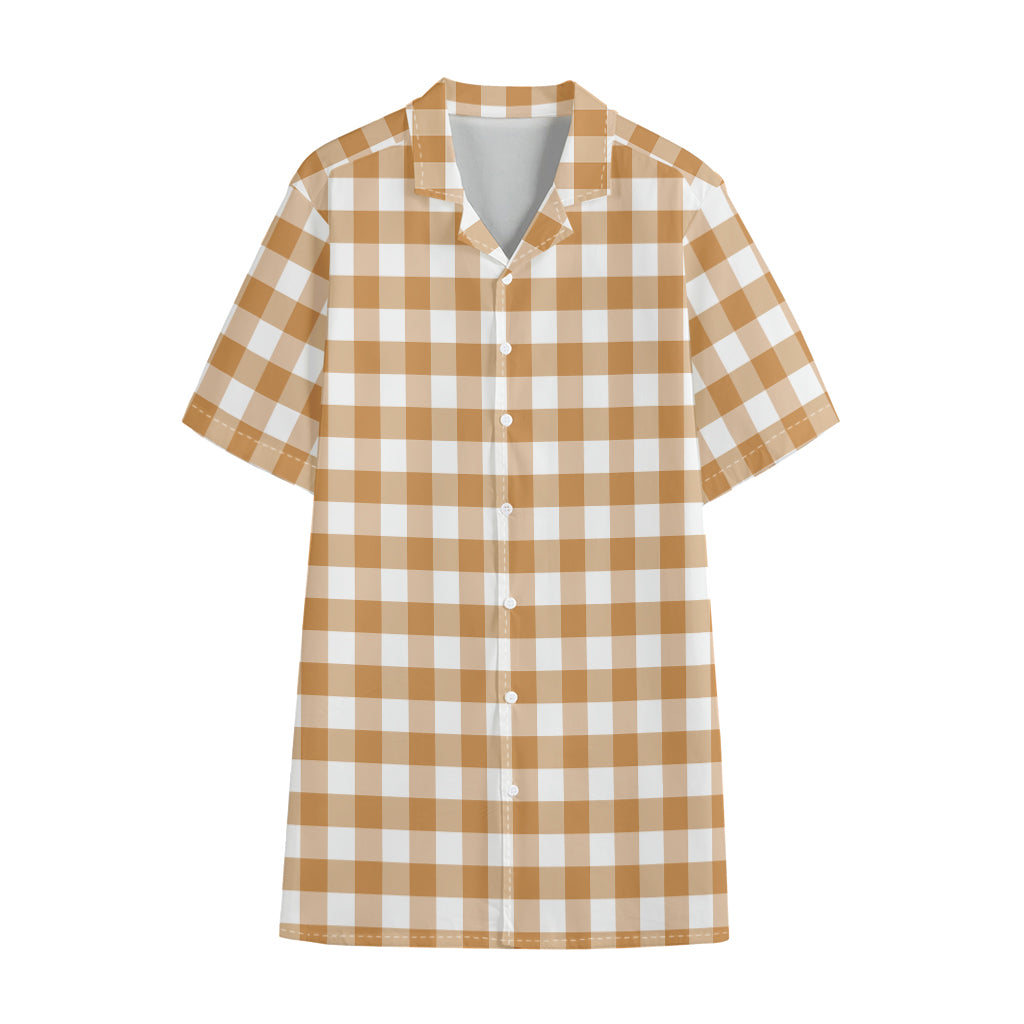 Brown And White Gingham Pattern Print Cotton Hawaiian Shirt