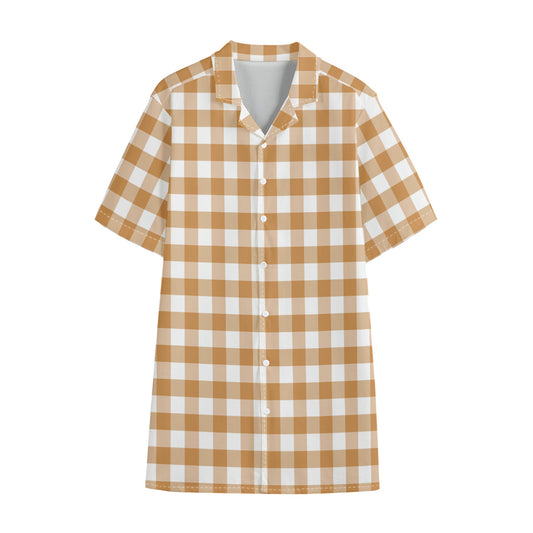 Brown And White Gingham Pattern Print Cotton Hawaiian Shirt