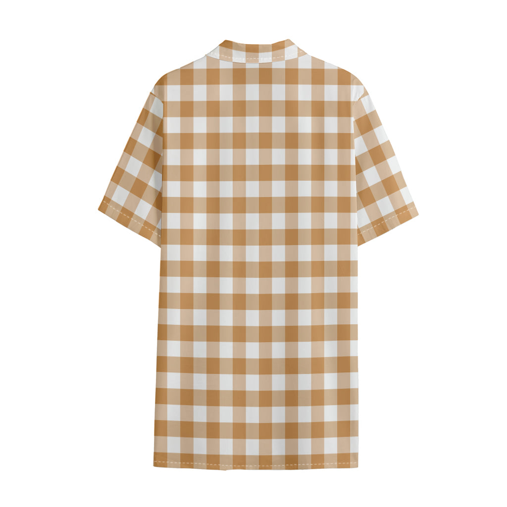 Brown And White Gingham Pattern Print Cotton Hawaiian Shirt