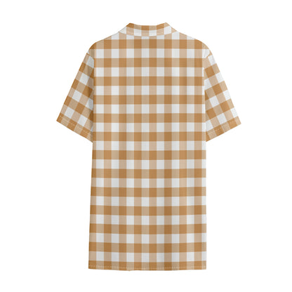 Brown And White Gingham Pattern Print Cotton Hawaiian Shirt
