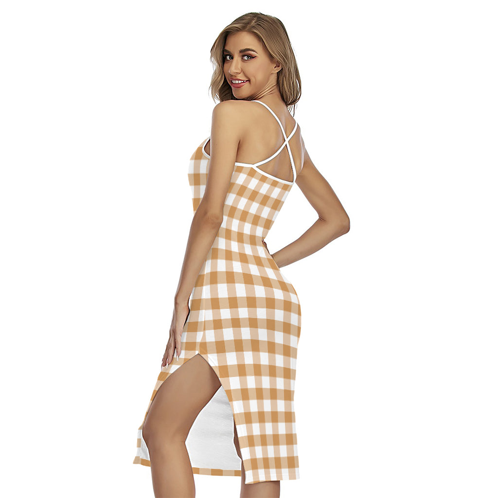 Brown And White Gingham Pattern Print Cross Back Cami Dress