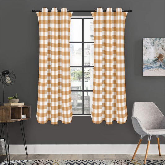 Brown And White Gingham Pattern Print Curtain