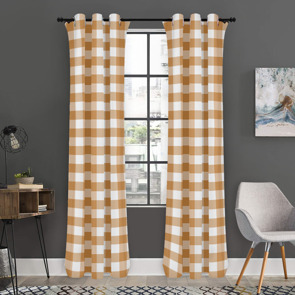 Brown And White Gingham Pattern Print Curtain